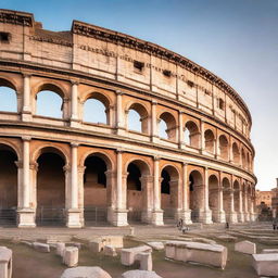 A panoramic image of the Colosseum at dusk, with the last rays of sun illuminating its arches