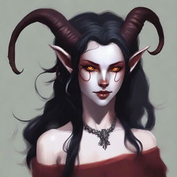 A Tiefling female, originally human, aged 22 with pale white, almost snow-like skin with a slight ethereal glow