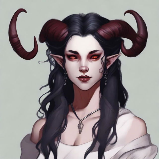 A Tiefling female, originally human, aged 22 with pale white, almost snow-like skin with a slight ethereal glow