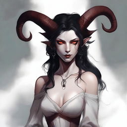 A Tiefling female, originally human, aged 22 with pale white, almost snow-like skin with a slight ethereal glow