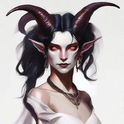 A Tiefling female, originally human, aged 22 with pale white, almost snow-like skin with a slight ethereal glow