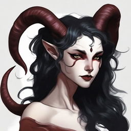 A Tiefling female, originally human, aged 22 with pale white, almost snow-like skin with a slight ethereal glow