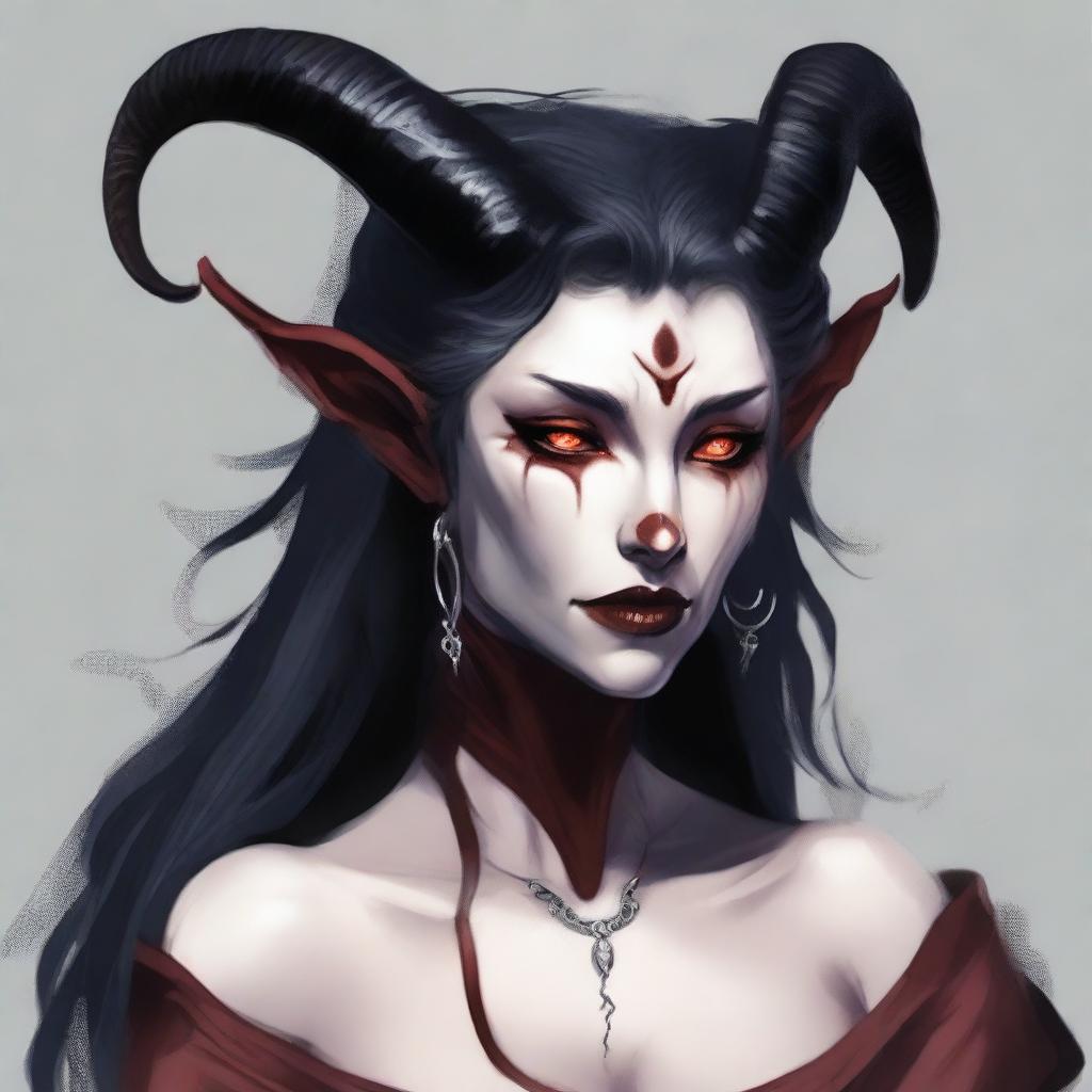 A Tiefling female, originally human, aged 22 with pale white, almost snow-like skin with a slight ethereal glow