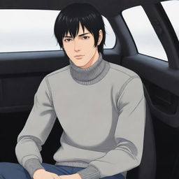 Full body illustration of an anime style male character with a short black mullet hairstyle, wearing a turtleneck shirt, sitting in a car.