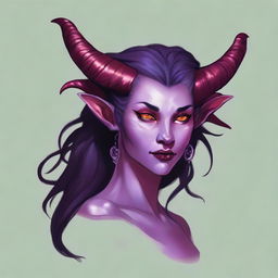 A Tiefling female, originally human, aged 22 with light purple skin