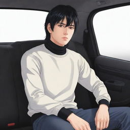 Full body illustration of an anime style male character with a short black mullet hairstyle, wearing a turtleneck shirt, sitting in a car.