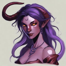 A Tiefling female, originally human, aged 22 with light purple skin