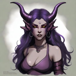 A Tiefling female, originally human, aged 22 with light purple skin