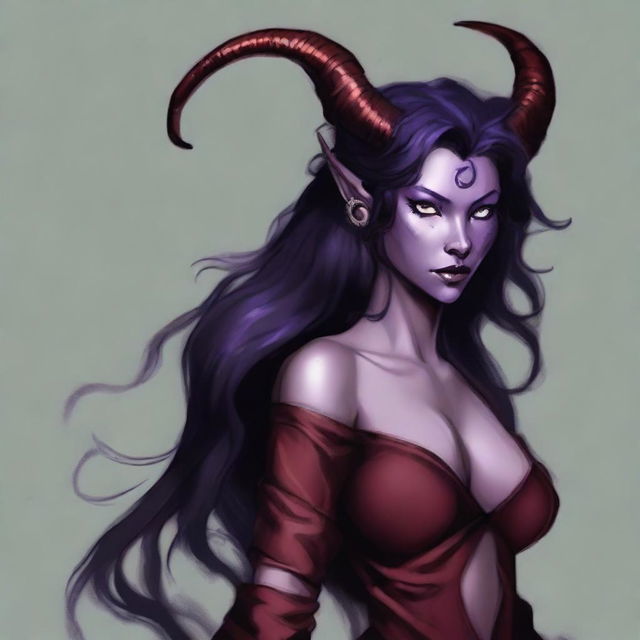 A Tiefling female, originally human, aged 22 with light purple skin