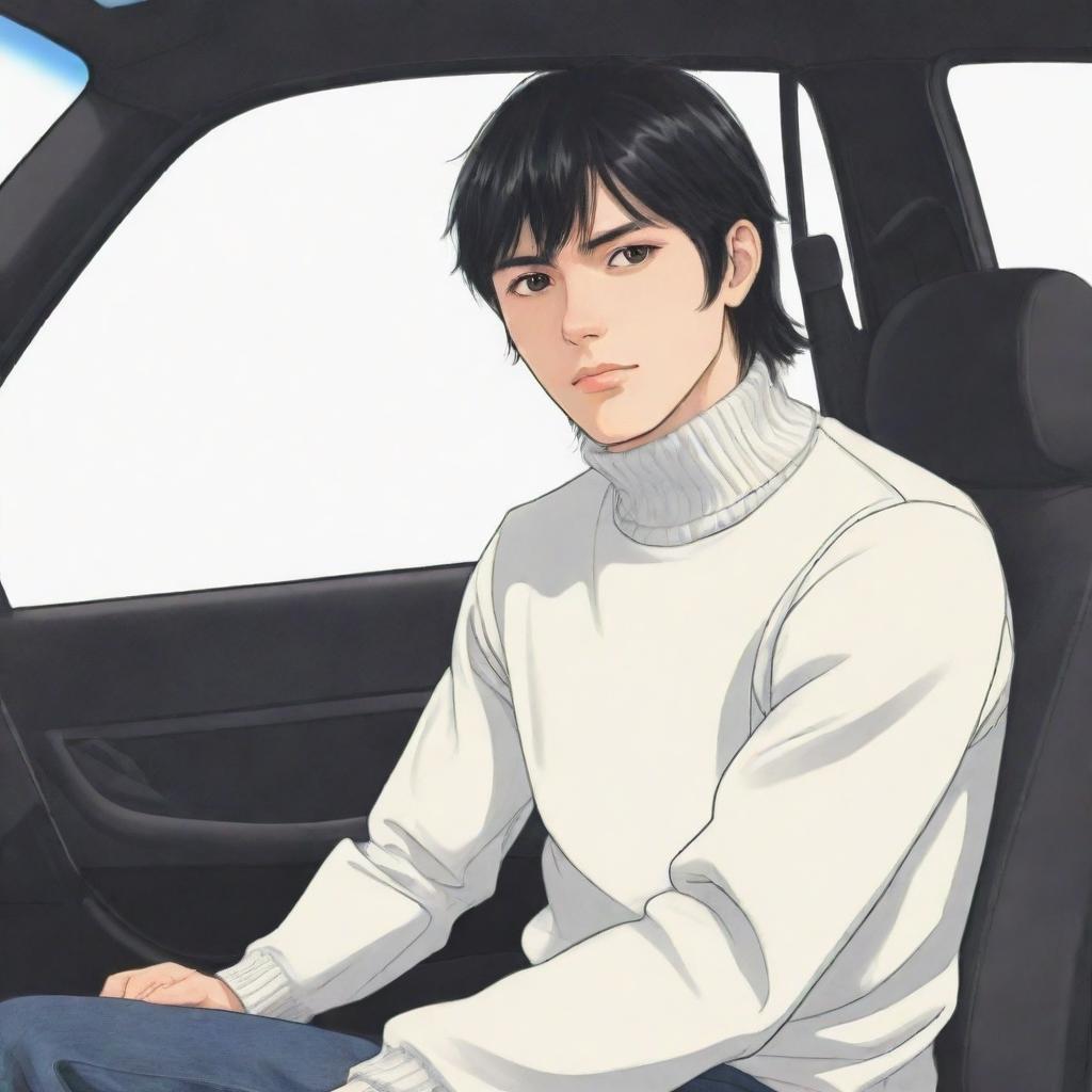 Full body illustration of an anime style male character with a short black mullet hairstyle, wearing a turtleneck shirt, sitting in a car.