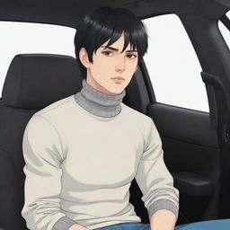 Full body illustration of an anime style male character with a short black mullet hairstyle, wearing a turtleneck shirt, sitting in a car.