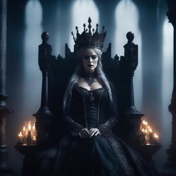 A powerful and regal queen with a dark and ominous presence, adorned in gothic attire with a crown made of bones