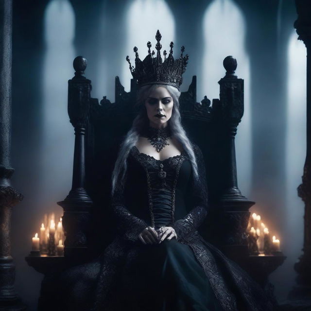 A powerful and regal queen with a dark and ominous presence, adorned in gothic attire with a crown made of bones