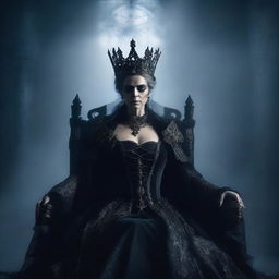 A powerful and regal queen with a dark and ominous presence, adorned in gothic attire with a crown made of bones