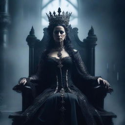 A powerful and regal queen with a dark and ominous presence, adorned in gothic attire with a crown made of bones