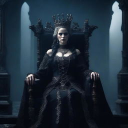 A powerful and regal queen with a dark and ominous presence, adorned in gothic attire with a crown made of bones