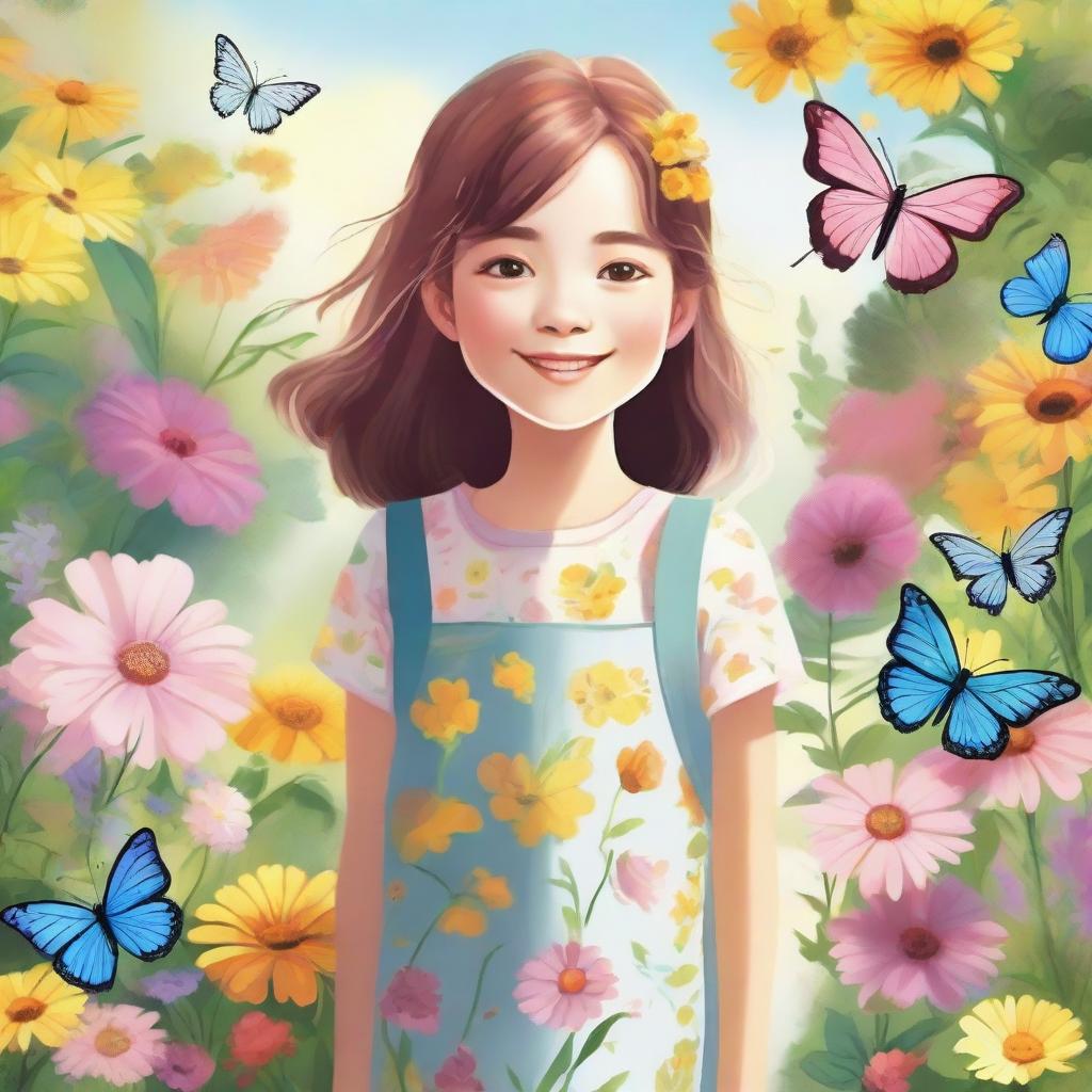 A detailed illustration of a young girl with a cheerful expression, standing in a beautiful garden filled with colorful flowers and butterflies