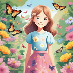 A detailed illustration of a young girl with a cheerful expression, standing in a beautiful garden filled with colorful flowers and butterflies