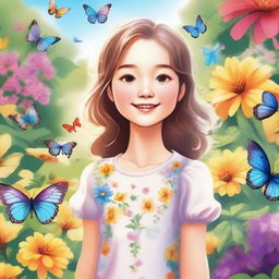 A detailed illustration of a young girl with a cheerful expression, standing in a beautiful garden filled with colorful flowers and butterflies