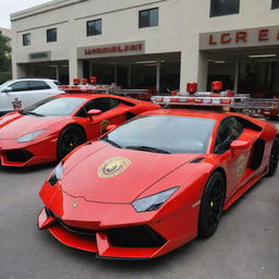 Lamborghini cars transformed into a fire engine vehicles, complete with a bright red paint job, fire department insignias, flashing lights, and necessary firefighting equipment.