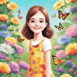 A detailed illustration of a young girl with a cheerful expression, standing in a beautiful garden filled with colorful flowers and butterflies