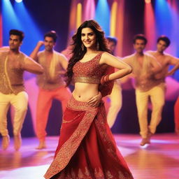 A scene featuring Bollywood actress Kriti Sanon performing an energetic dance number with male dancers in the background