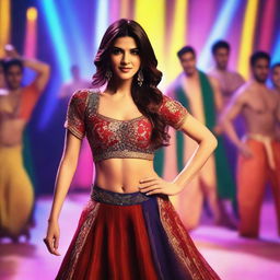 A scene featuring Bollywood actress Kriti Sanon performing an energetic dance number with male dancers in the background