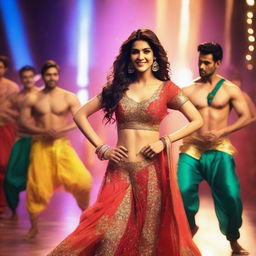 A scene featuring Bollywood actress Kriti Sanon performing an energetic dance number with male dancers in the background