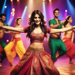 A scene featuring Bollywood actress Kriti Sanon performing an energetic dance number with male dancers in the background