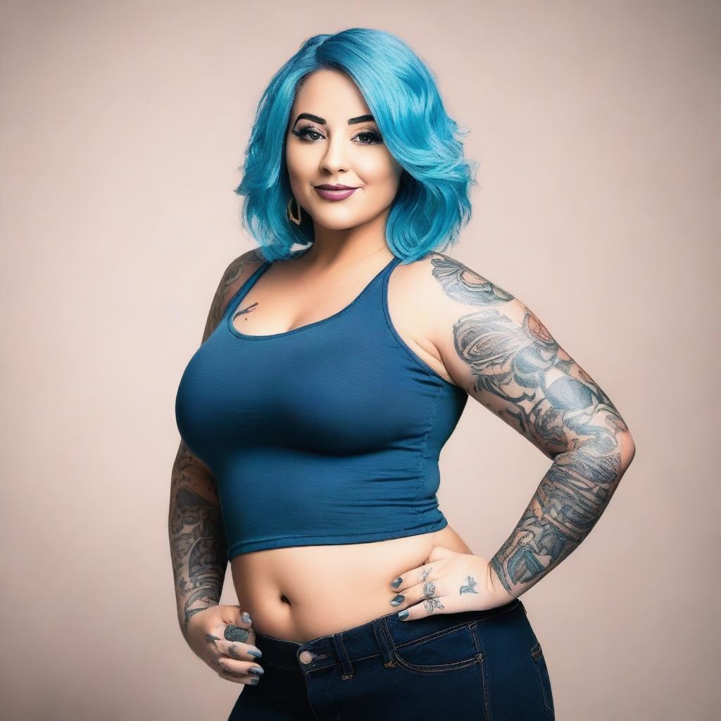 A beautiful, curvy woman with blue hair wearing tight clothes that show her belly