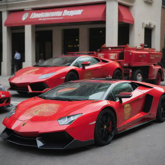 Lamborghini cars transformed into a fire engine vehicles, complete with a bright red paint job, fire department insignias, flashing lights, and necessary firefighting equipment.