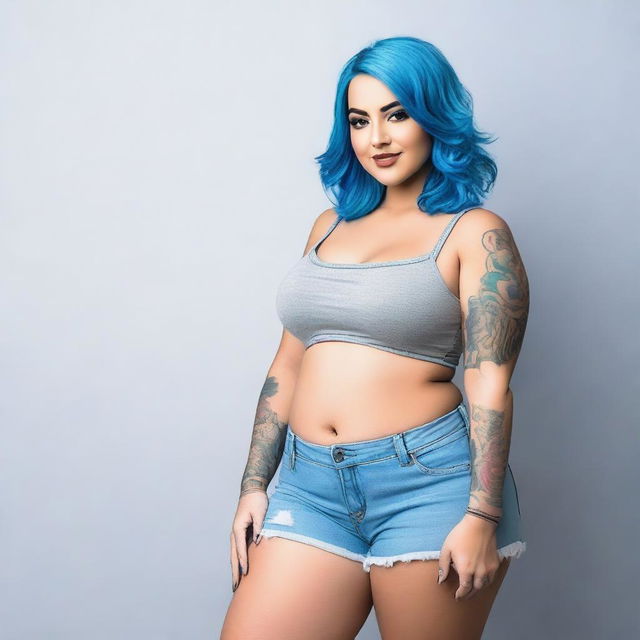 A beautiful, curvy woman with blue hair wearing tight clothes that show her belly