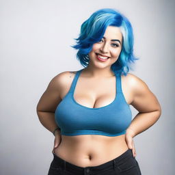 A beautiful, curvy woman with blue hair wearing tight clothes that show her belly