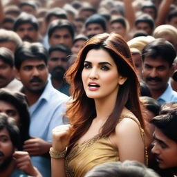 A scene featuring Bollywood actress Kriti Sanon surrounded by a crowd