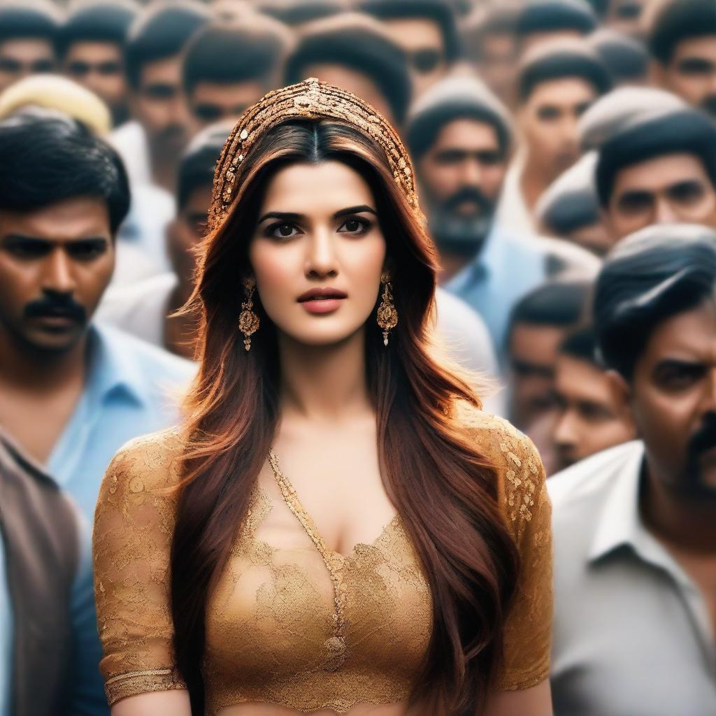 A scene featuring Bollywood actress Kriti Sanon surrounded by a crowd