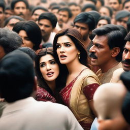 A scene featuring Bollywood actress Kriti Sanon surrounded by a crowd