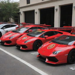 Lamborghini cars transformed into a fire engine vehicles, complete with a bright red paint job, fire department insignias, flashing lights, and necessary firefighting equipment.