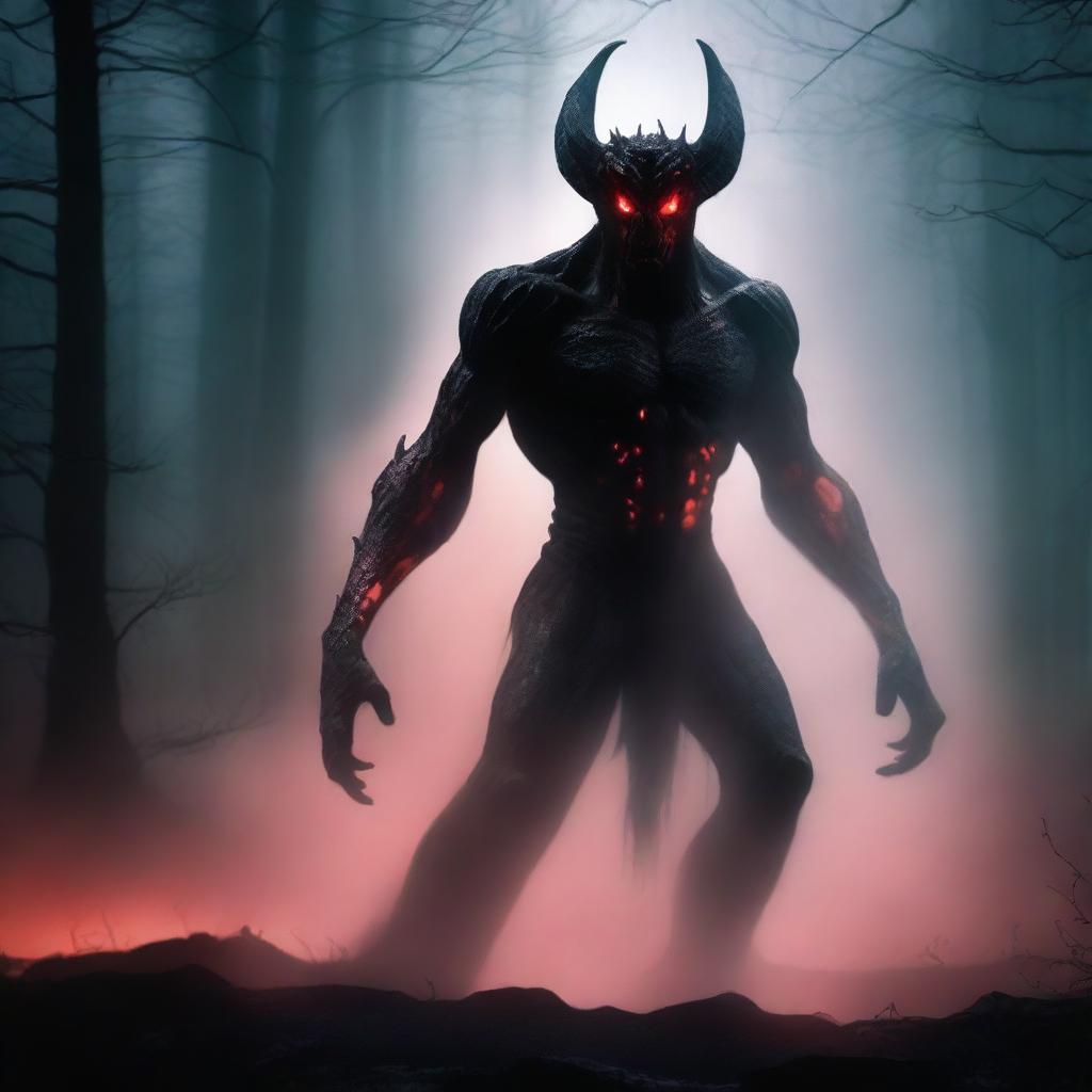 A dark and eerie depiction of a demonic shapeshifter, with glowing red eyes and a menacing aura