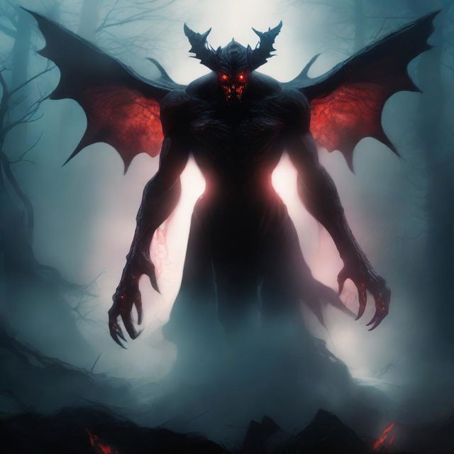 A dark and eerie depiction of a demonic shapeshifter, with glowing red eyes and a menacing aura