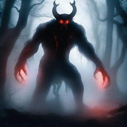 A dark and eerie depiction of a demonic shapeshifter, with glowing red eyes and a menacing aura