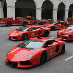 Lamborghini cars transformed into a fire engine vehicles, complete with a bright red paint job, fire department insignias, flashing lights, and necessary firefighting equipment.