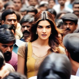 A scene featuring Bollywood actress Kriti Sanon surrounded by a crowd