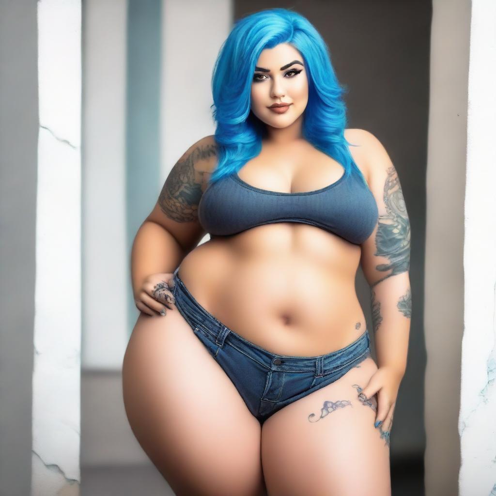 A beautiful woman weighing 300 pounds with blue hair, dressed in tight clothes that show her belly