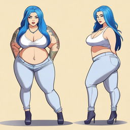 A beautiful woman weighing 300 pounds with blue hair, dressed in tight clothes that show her belly