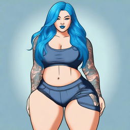 A beautiful woman weighing 300 pounds with blue hair, dressed in tight clothes that show her belly