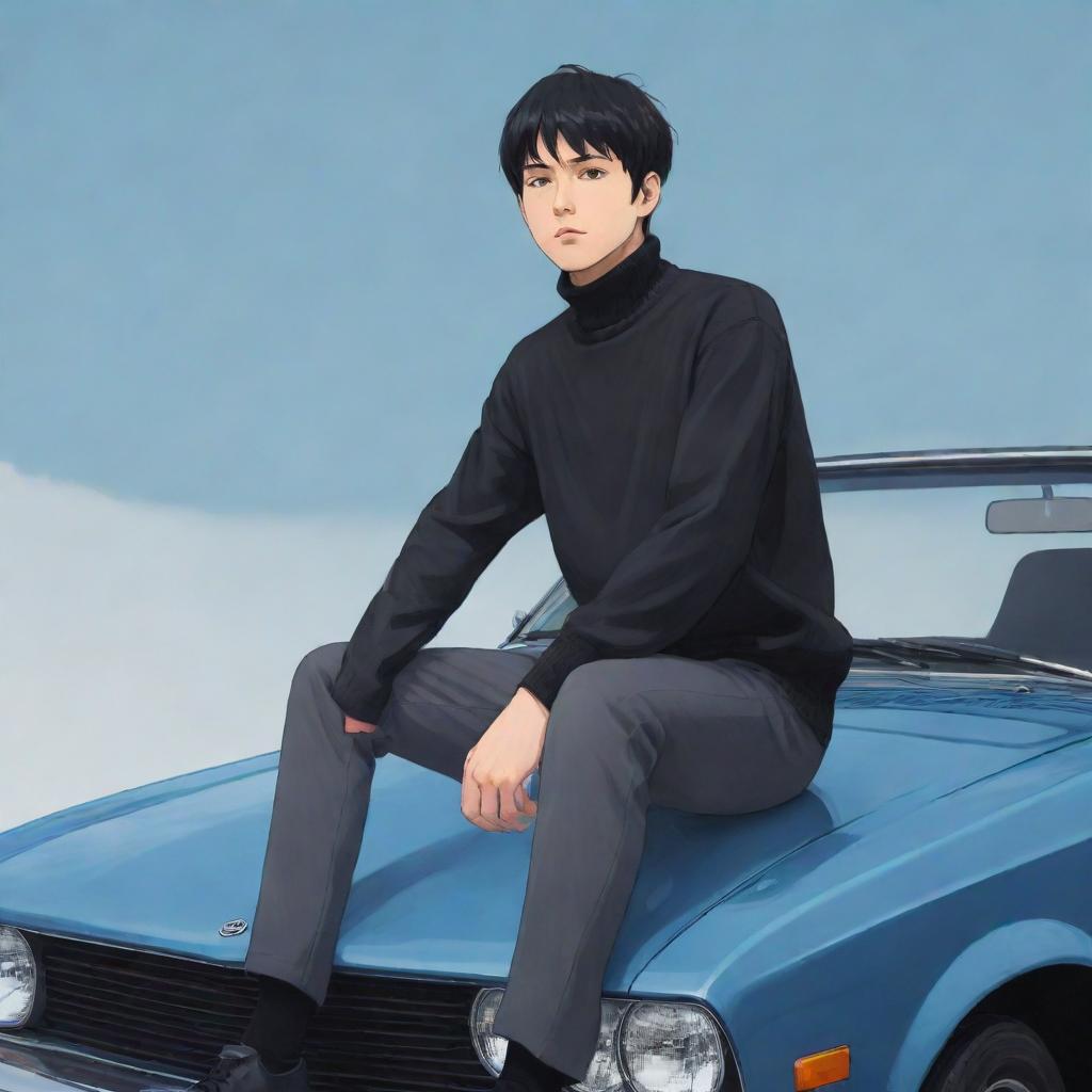 Full body illustration of an anime style male character with short black hair, wearing a turtleneck shirt, sitting on top of a car.