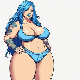 A beautiful woman weighing 300 pounds with blue hair, dressed in tight clothes that show her belly