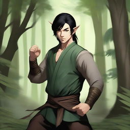 A martial artist wood elf (D&D style) with coppery skin and black hair, standing in a forest setting