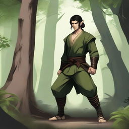 A martial artist wood elf (D&D style) with coppery skin and black hair, standing in a forest setting