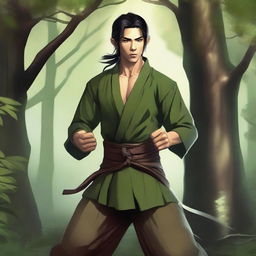 A martial artist wood elf (D&D style) with coppery skin and black hair, standing in a forest setting